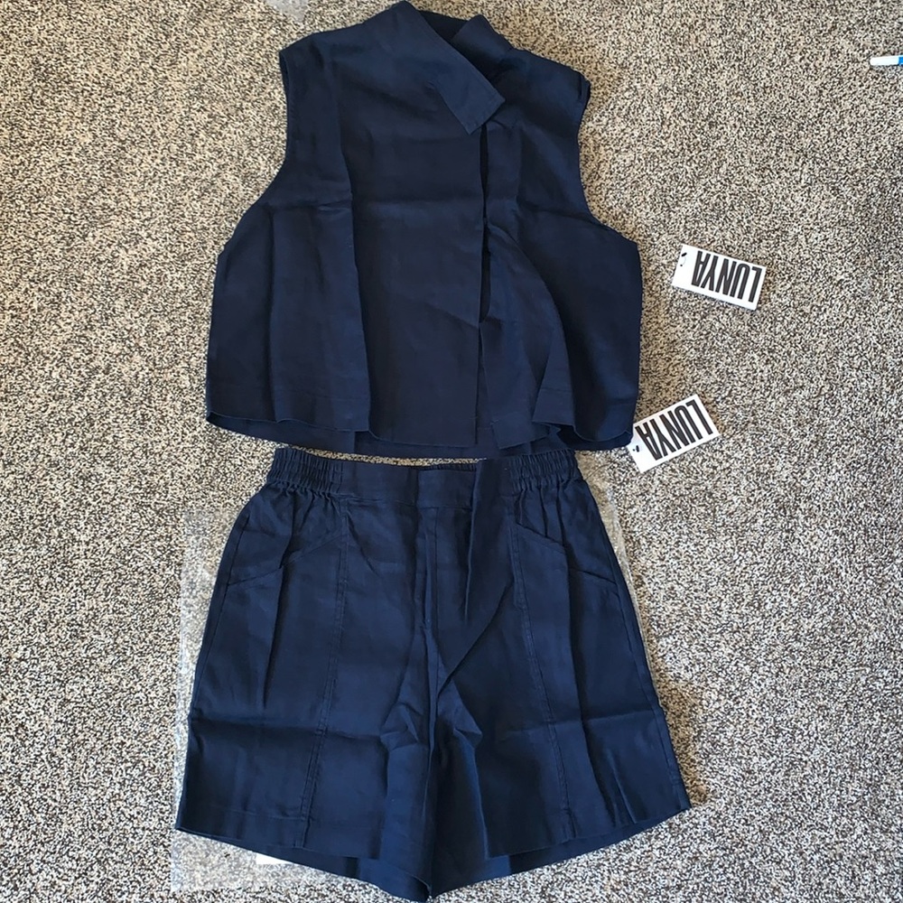 NEW! Lunya Navy 100% Flax Linen Sleeveless Shirt and Short Set S Small Luxury